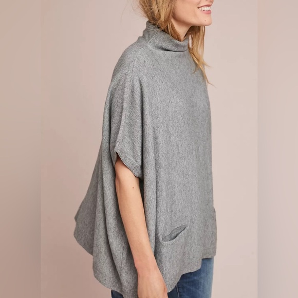 New ALYA Boho Funnel Neck Knit Sweater Poncho Oversize Versatile Heathered Gray - Picture 1 of 15